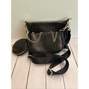 Two Black Leather Crossbody Shoulder Bags And Coin Purse with Removable Straps